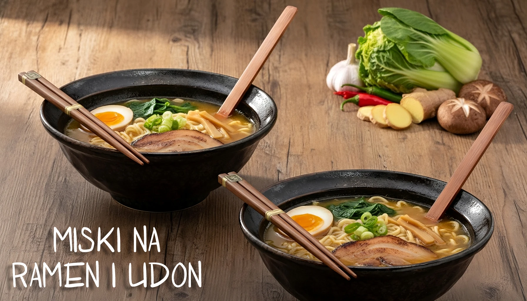 Ilustracja przedstawiająca potrawę ramen w miskach