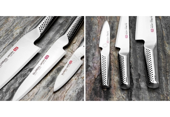 Zestaw noży Global Ukon Nóż Szef kuchni 20 cm + Nóż uniwersalny 15 cm + Nóż do obierania 9 cm