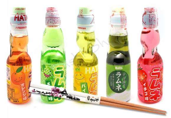 Zestaw oranżad japońskich RAMUNE 5 smaków + pałeczki GRATIS