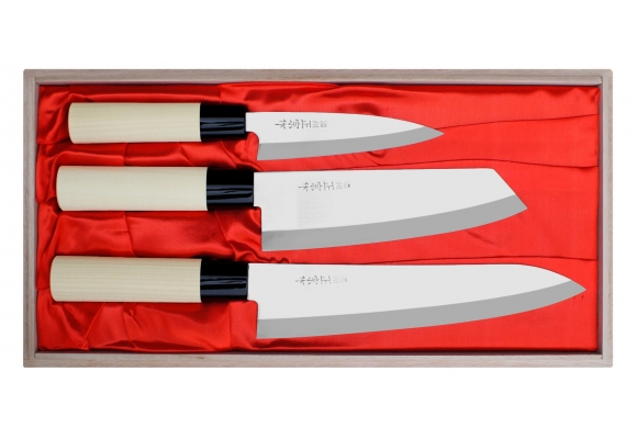 Zestaw noży Satake Megumi Box 3 szt - Gyuto, Bunka, Petty knife